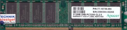 Apacer 77.10739.564 512MB DDR1 400MHz PC3200 CL2.5 Arbeitsspeicher RAM* r1078