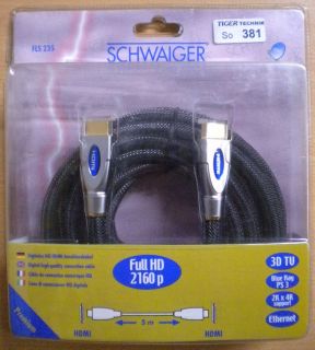 Schwaiger 2160p Full HD HDMI Kabel 5m 4K 3D TV BlueRay PS3 Ethernet *So381