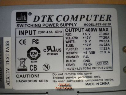 DTK Computer Model PTP-4017P ATX 12V 400W PC Netzteil* nt301