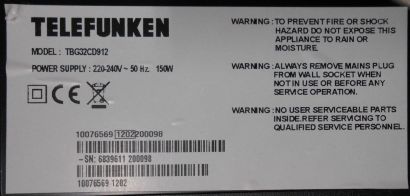 Telefunken TBG32CD912 Kabelsatz IR Platine E300226 Bedienmodul 20571297* e02