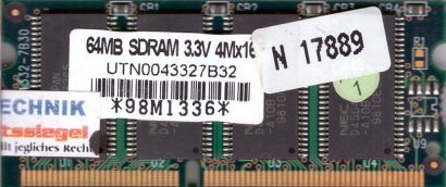 NEC UTN0043327B32 PC100 64MB SDRAM 100MHz SODIMM SD RAM Arbeitsspeicher* lr15