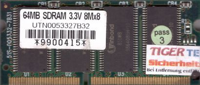 Winbond UTN0053327B32 PC100 64MB SDRAM 100MHz SODIMM SD RAM Arbeitsspeicher*lr23