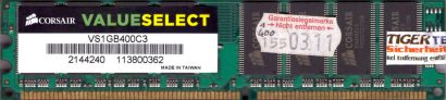 Corsair VS1GB400C3 PC-3200 1GB DDR1 400MHz CL3 Arbeitsspeicher RAM DIMM* r1014