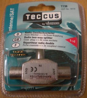 Teccus by Vivanco Radio 2 fach Zweifach Verteiler Koax Stecker 2x Kupplung* so85