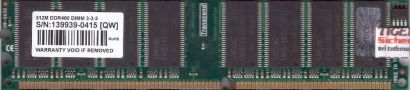 Transcend 512MB DDR1 400MHz PC3200 CL3-3-3 Arbeitsspeicher RAM Memory* r1092
