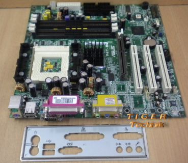 Asus P4T-M Rev 1.05 Mainboard +Blende Sockel 423 4x RIMM AGP PCI USB Audio* m398