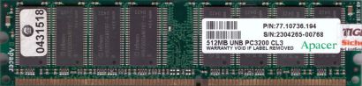 Apacer 77.10736.194 PC-3200 CL3 512MB DDR1 400MHz Arbeitsspeicher RAM* r245