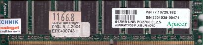 Apacer 77.10728.19E PC-2700 512MB DDR1 333MHz CL2.5 Arbeitsspeicher RAM* r577