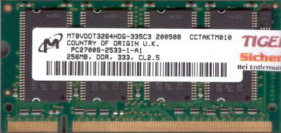 Micron MT8VDDT3264HDG-335C3 PC-2700 256MB DDR1 333MHz SODIMM RAM Memory* lr90
