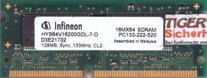 Infineon HYS64V16200GDL-7-D PC133 128MB SDRAM 133MHz CL2 SODIMM SD RAM* lr102