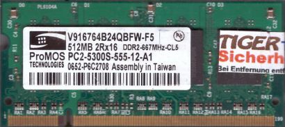 ProMos V916764B24QBFW-F5 PC2-5300 512MB DDR2 667MHz SODIMM RAM* lr122